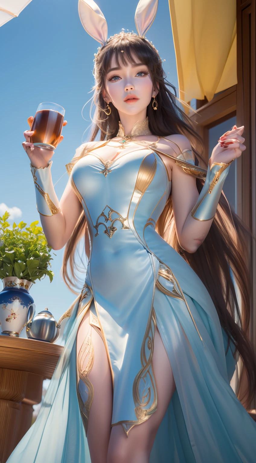 XXMix_biracial_3.4fp16(masterpiece),  (((best quality,  8k resolution,  best of artstation))),  expressive eyes,  perfect face,  ((gold_color long_hair,  deep_blue_eyes,  jewel_eyes,  detailed_eyes)),  gorgeous lady,  withe_skin,  modern_clothes,  tea party,  ((1 girl,  1 cup)),  hand details,  ((the girl hold the cup_of_tea with both her hands and sip it)),  (the girl is sit behind the table,  the cup is in front her lips),  tranquility,  lofi,  calm,  relax,  soft_expression,  soft_smile 
BREAK
(in front,  white_table,  beautiful_table,  full of dessert),  [[[cup]]]
BREAK
(background,  green_garden,  sunny_day,  white_sunshade)rabbit ears, long dress, long hair,  hair,