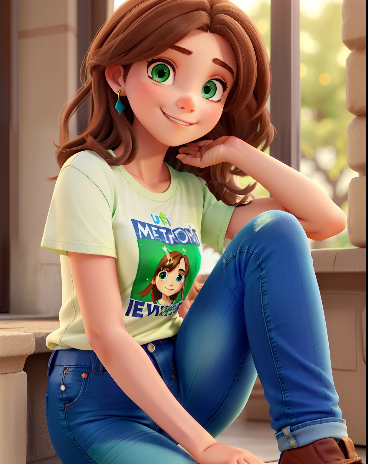 A beautiful girl with medium straight and medium brown hair, Olhos verdes em jeans e tshirt azul sorrindo