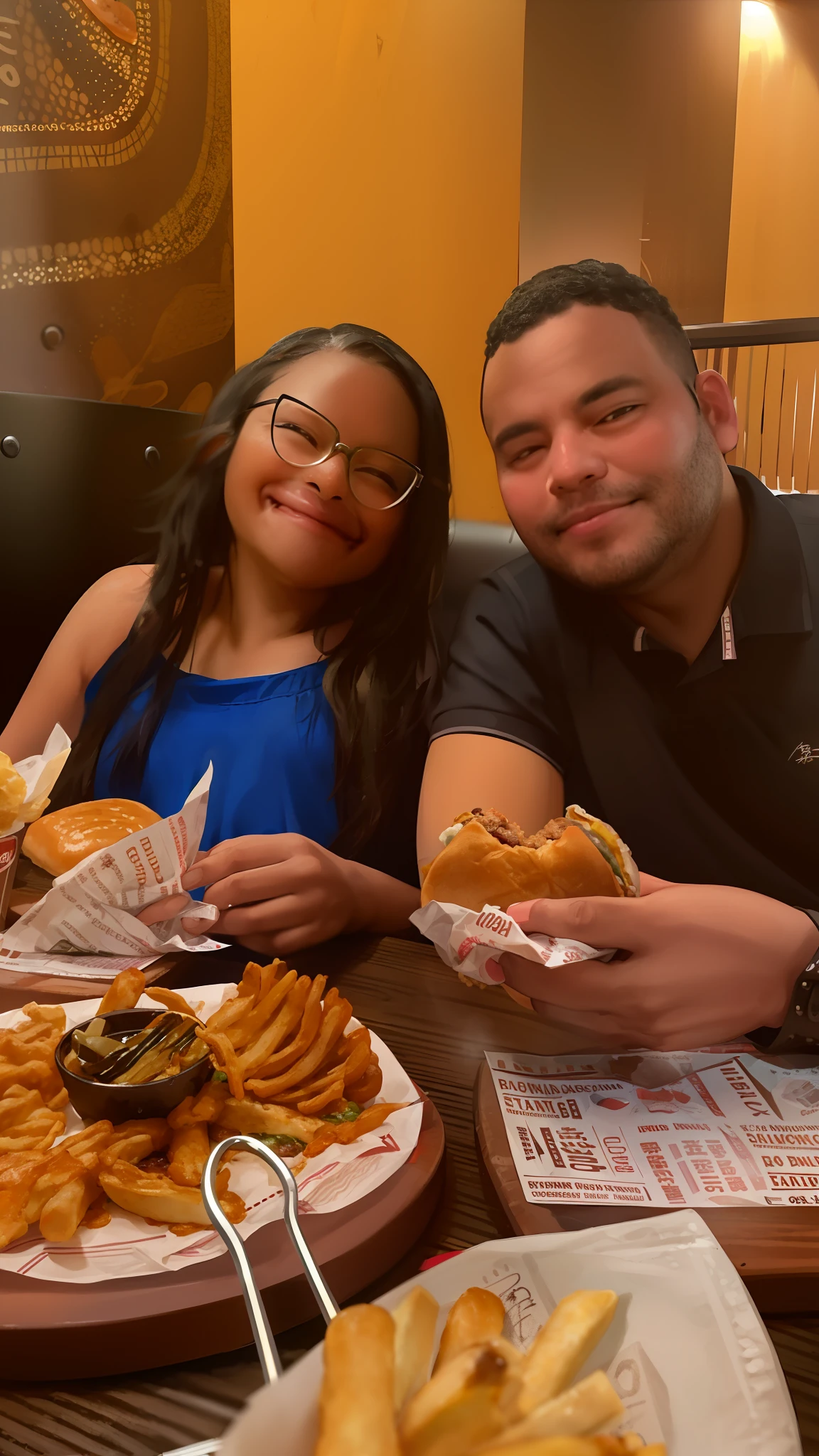 there are two people sitting at a table with food and drinks, eating burgers, Mukbang, serving burgers, Comer, eating a burger, 2 0 2 2 foto, Fotografia tirada em 2 0 2 0, fotografia tirada em 2 0 2 0, vacation photo, fast food review, foto de perfil, taken in the early 2020s, ter um jantar constrangedor