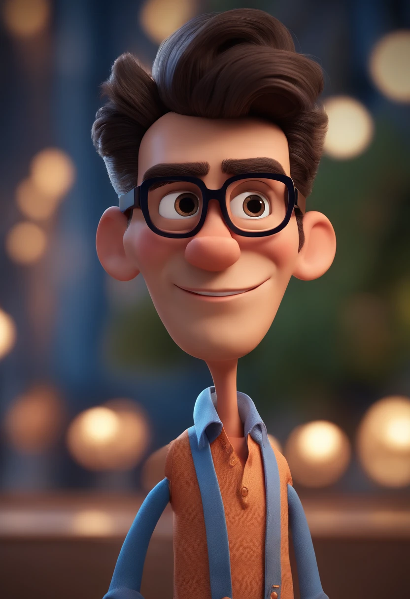 Cartoon character of a man with black glasses and a blue shirt, animation character, Caractere estilizado, animation style rendering, 3D estilizado, Arnold Maya render, 3 d render stylized, toon render keyshot, Personagem 3D, Personagem 3D, 3d rendering stylized, 3 d character render, personagem de desenho animado, Personagem de close up, Pose de personagem, (Estilo Pixar) (master part:1.2) (Bokeh) (best quality) (pele detalhada) (textura detalhada) (8k) (argila) (Cinematic lighting) (foco nítido