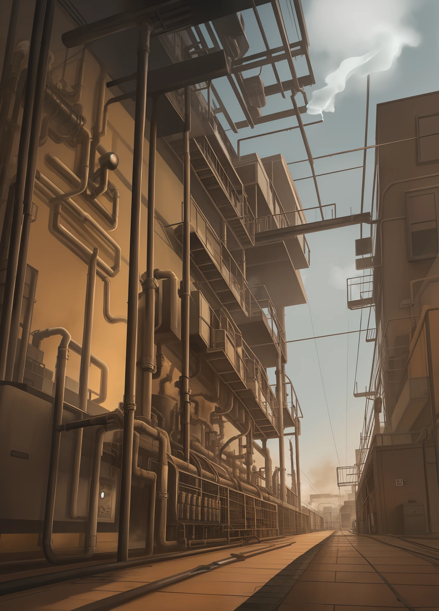 Side angle view. Industrial biochemical factory and city in color browns and grays with smoke and brown smoke clouds. Saws and electric buzzers traps on the floor and metal gray walls.