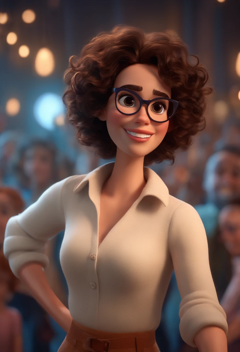 Pixar style image with 3D character white glasses brunette woman short curly hair dancing, Maquiagem Disney,Pescador, bonitinho, sorridente ,Close-up, Pixar, Disney, Cinema lighting,
