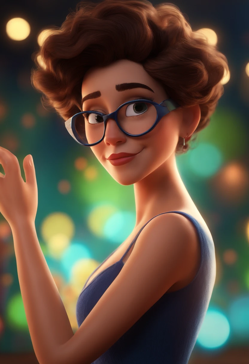 Pixar style image with 3D character white glasses brunette woman short curly hair dancing, Maquiagem Disney,Pescador, bonitinho, sorridente ,Close-up, Pixar, Disney, Cinema lighting,