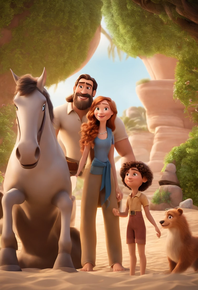 a Disney Pixar movie poster showing a white-skinned family. The son is the tallest, sem barba , cabelo castanho, cabelos curtos e baixo. The mother has brown eyes and hair, shoulder-length and is slightly overweight. A menina tem 10 anos e cabelos castanhos e cacheados, roupa rosa e rabos de cavalo. The background is a beach garden. 3D-rendering