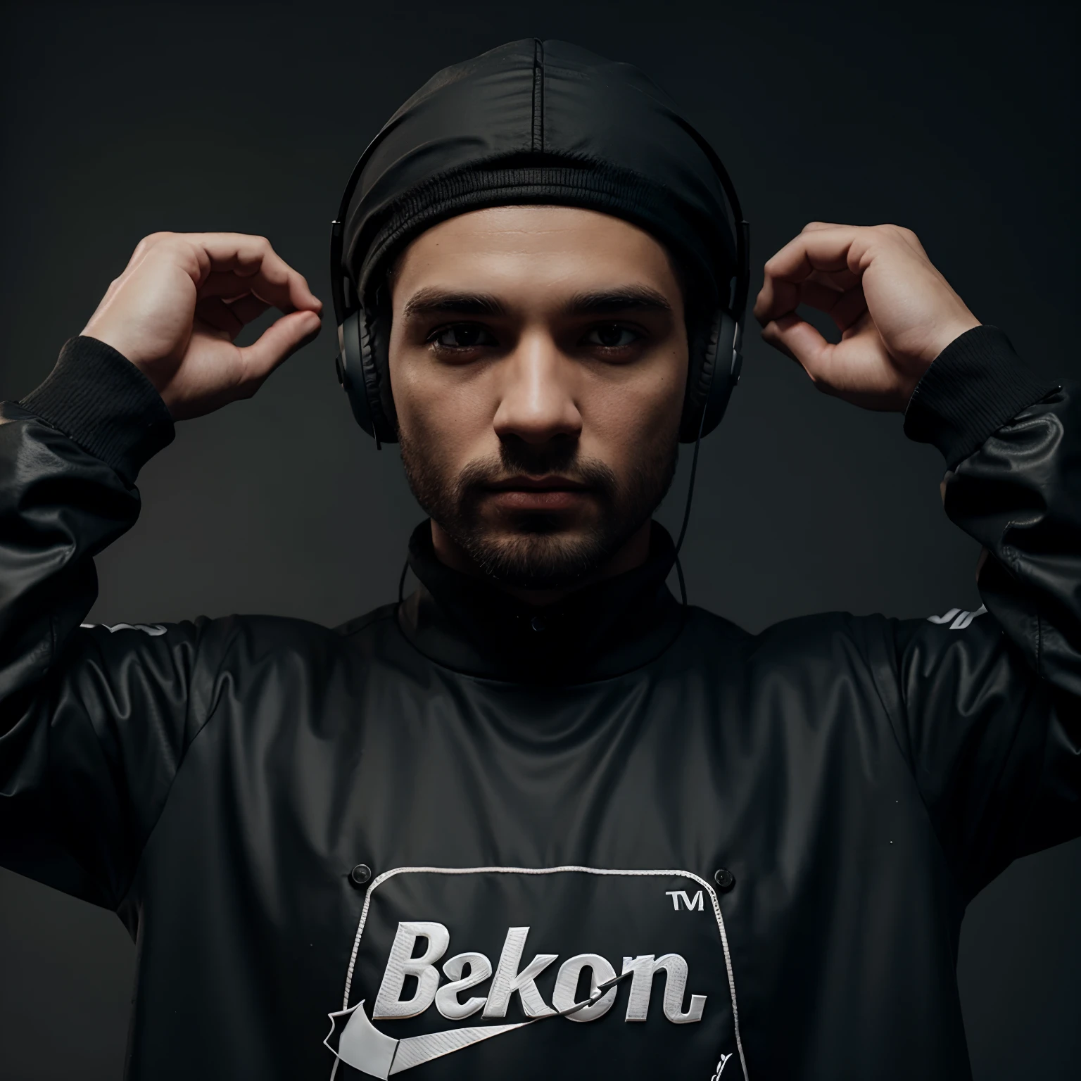 um menino jogador, veste um moletom preto com o nome "Bryan", focar no nome ''Bryan""olhos castanhos e cabelo preto, Put a headset on your head, moda, 3D text rendering, 3d render, cinematic