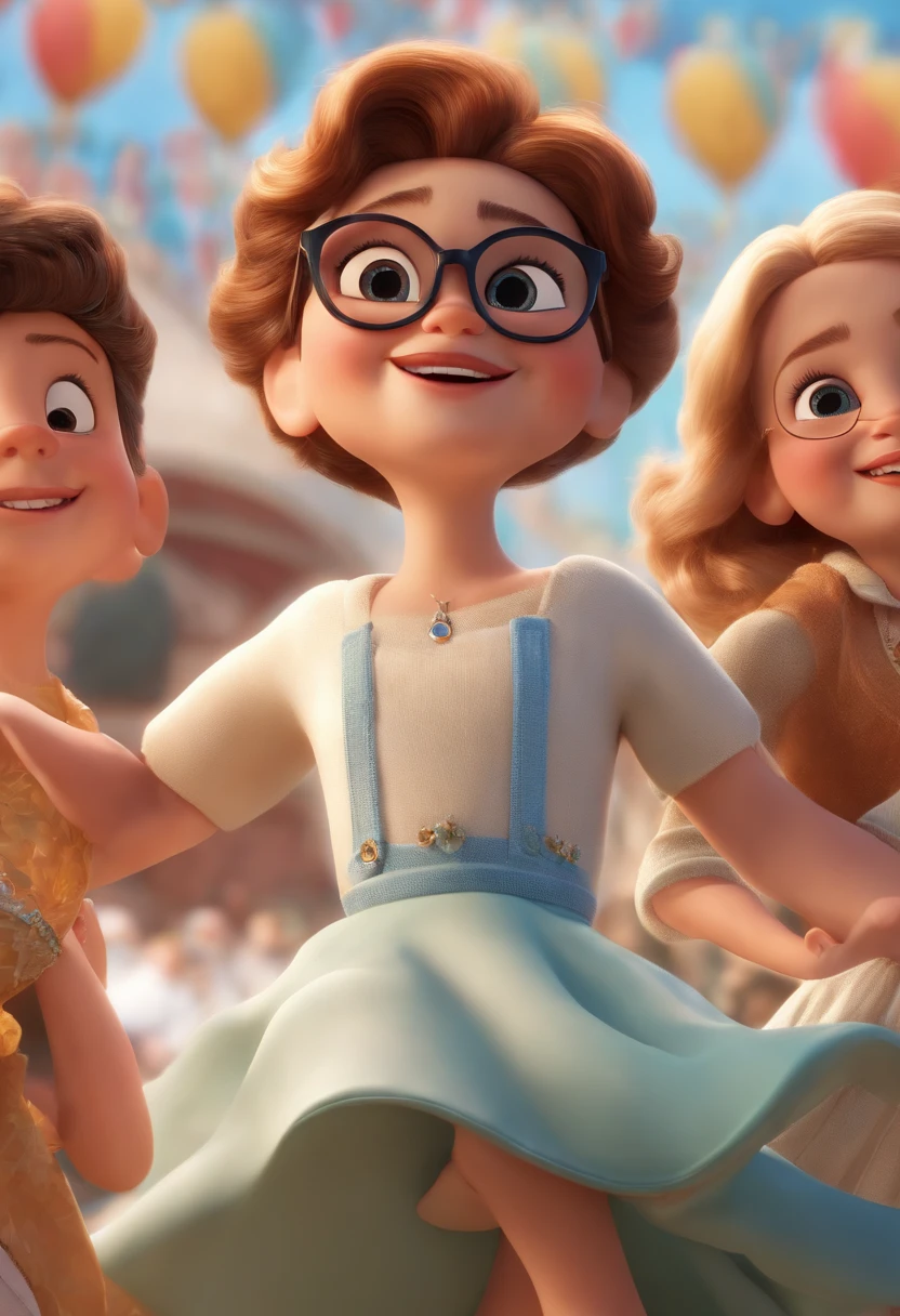 "(best quality,ultra-detalhado,Realistic:1.37),3D rendering,illustration,design de personagens,cabelos curtos e cacheados escuros,belos olhos detalhados,wearing white glasses,Estilo Pixar,morena mulher,Dancing on the Disney stage,atmosfera animada,vivid colors,luzes de palco,expression joyful"