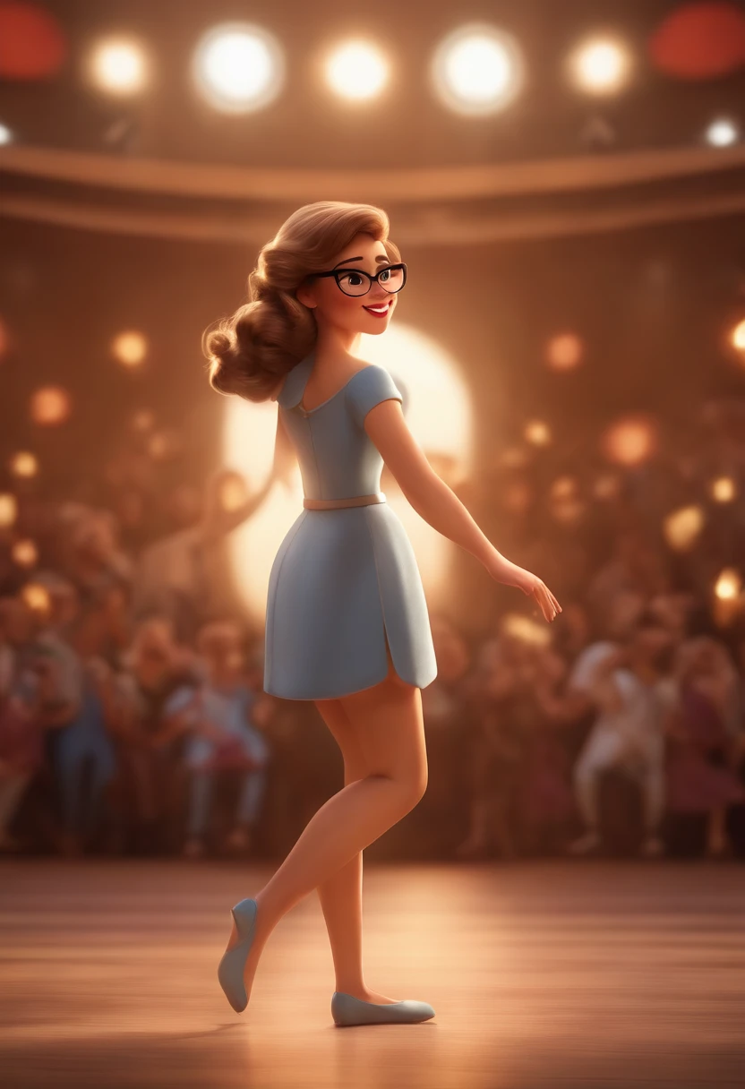 "(best quality,ultra-detalhado,Realistic:1.37),3D rendering,illustration,design de personagens,cabelos curtos e cacheados escuros,belos olhos detalhados,wearing white glasses,Estilo Pixar,morena mulher,Dancing on the Disney stage,atmosfera animada,vivid colors,luzes de palco,expression joyful"