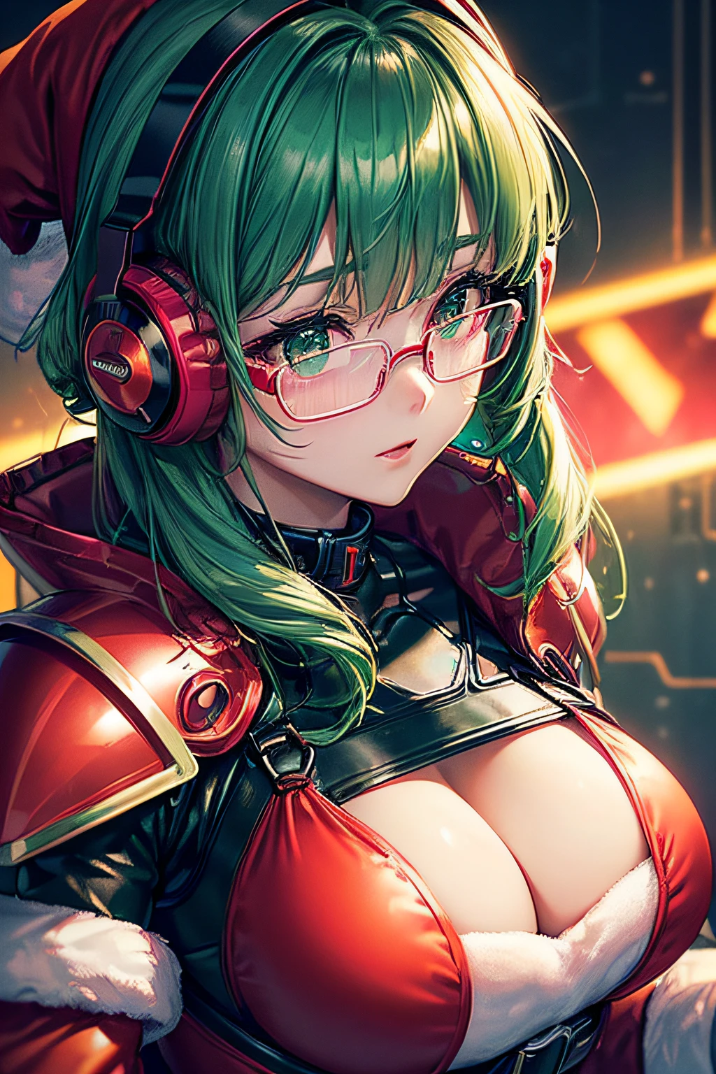 ((worst quality, low-quality)), Super delicate, masterpiece,Composition of the upper body, girl with, Solo, (Big breasts), ((chest opened, santa costume:1.2)), ((close up:1.3)), (Green hair, Longhaire), Hair over one eye, (Under-rim glasses:1.3),plump shiny lips, Beautiful clear eyes, Spoken Heart, Leaning forward, embarrassed,(Green and red theme:1.4), (Cyberpunk Fashion:1.2),(Christmas-themed dresses:1.2), (Circuit Pattern Stockings:1.1), (Metallic Hair Clip:1.2), (Open jacket:1.3), (In the tube that extends from the futuristic headset、There is a part that emits red light:1.3), (Neon Light Color:1.3), (Pink sparkling geometric pattern on christmas dress:1.3), (Electronic circuit patterns that emit illumination light:1.3), ((Electronic circuit embedding, Multi-layer armor plates) With fluorescent red oversized open military jacket:1.3), (Black Harness:1.3), (Fluorescent red ski boots:1.1), ((Red Military Gloves):1.2), masutepiece,Best Quality,ultra-detailliert,masterpiece,
