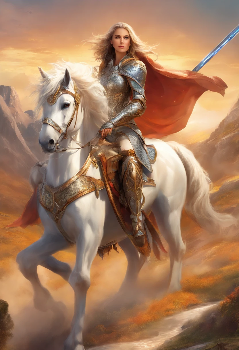 (fantasy movie poster: 1.5), Arafed, fantasy art, named The White Knight,(movie poster: 1.5), RPG art, a beautiful  woman knight ridong a white horse, armed with a sword, wearing heavy armor LnF, Ultra-Wide Angle, high detail, award winning, best quality, HD, 16K, rendering, high details, best quality, highres, ultra wide angle, 3D rendering, [[anatomically correct]]