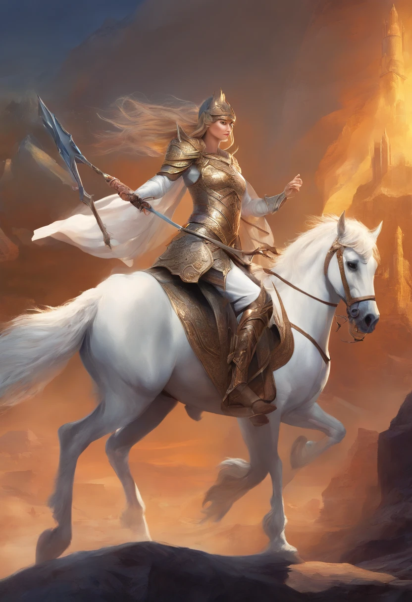 (fantasy movie poster: 1.5), Arafed, fantasy art, named The White Knight,(movie poster: 1.5), RPG art, a beautiful  woman knight ridong a white horse, armed with a sword, wearing heavy armor LnF, Ultra-Wide Angle, high detail, award winning, best quality, HD, 16K, rendering, high details, best quality, highres, ultra wide angle, 3D rendering, [[anatomically correct]]