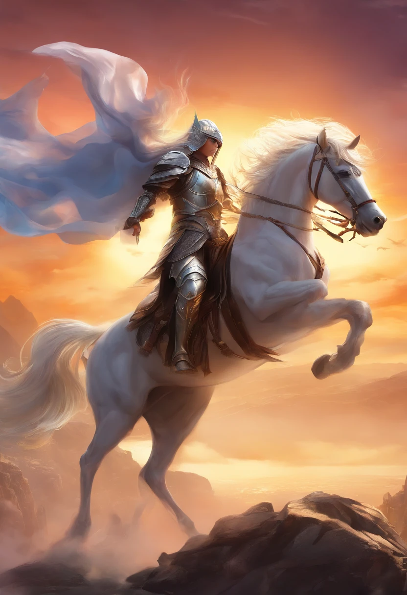 (fantasy movie poster: 1.5), Arafed, fantasy art, named The White Knight,(movie poster: 1.5), RPG art, a beautiful  woman knight ridong a white horse, armed with a sword, wearing heavy armor LnF, Ultra-Wide Angle, high detail, award winning, best quality, HD, 16K, rendering, high details, best quality, highres, ultra wide angle, 3D rendering, [[anatomically correct]]