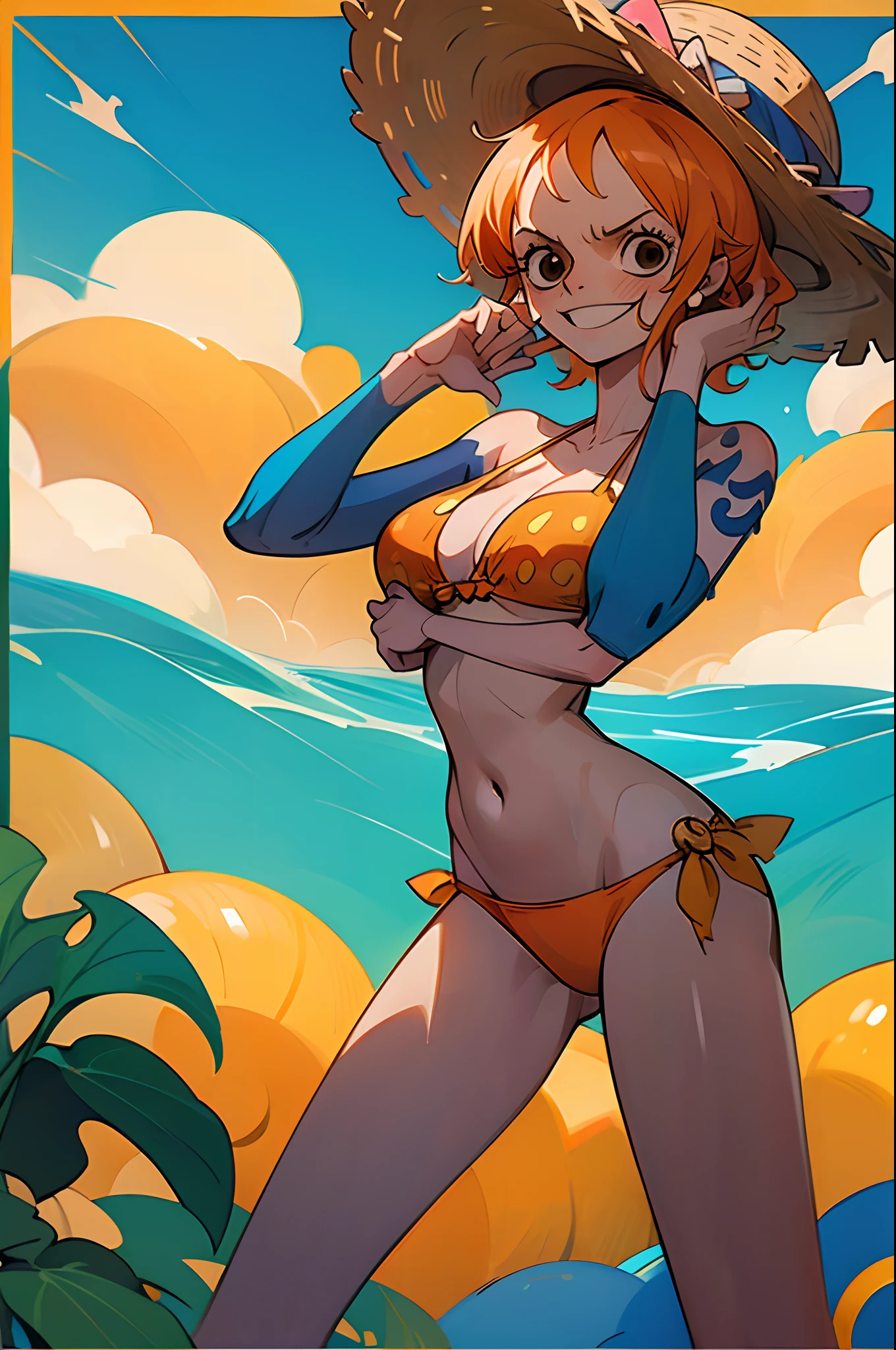 (master part:1.4), (best quality:1.4), Ultra Highres,1girl,sozinho,extremamente detalhado,8k, Beautiful, Olhos detalhados, Olhando para o Viewer, cores escuras fortes, (profundidade de campo), (Dynamic), (epics), foco nítido, (detalhes intrincados:1.2), Colorido, Nos \(one piece\),(one piece),(Pose forte:1.4),short hair, arm support, asymmetrical bangs, franja, Blue transparent wet bikini , yellow wet bikini, 鎖骨, dia, hair behind ear, seios grandes, Seios colossais, Olhando para o Viewer, minissaia, toothy smile, olhos castanhos, orange hair, sbikini, ((sentado)), saia, binki de dois tons,((straw hat)),