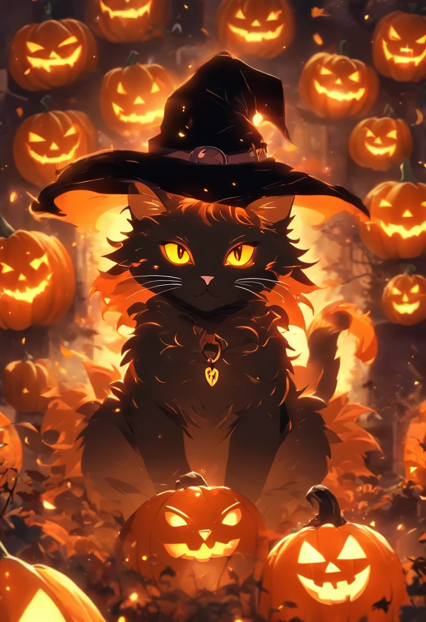 anime styled , 3((Cat Halloween Characters))to1Draw on a picture, catssxghost、catssxHalloween Pumpkin、catssxwitch's hat、in 8K, High quality、 Dark Halloween Background