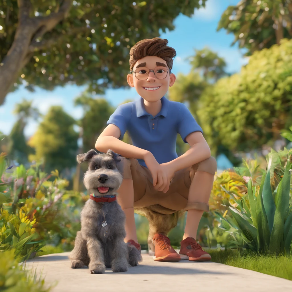 Lucas is a smiling -yeld hu boy, com seu fiel amigo, Bolt, o cachorro schnauzer, deitados no jardim