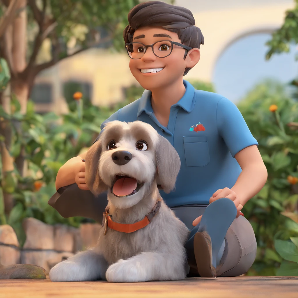 Lucas is a smiling 15-year-old human boy, com seu fiel amigo, Bolt, o cachorro schnauzer, deitados no jardim