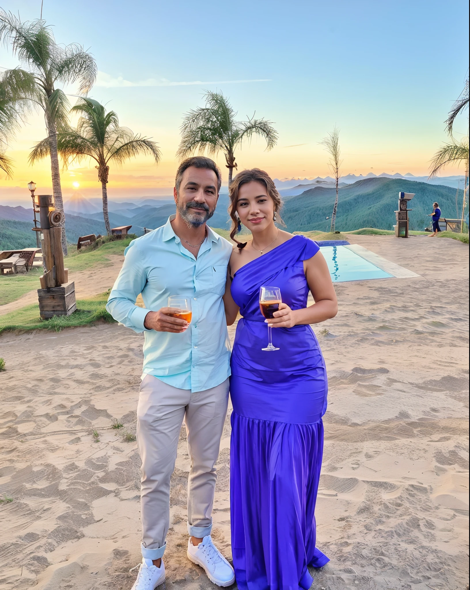 Casal Apaixonado, duas pessoas pardas, The Carioca Man and the Gaucho Woman, Heart in the background formed by plants, flowers and more in the background the Ferris wheel of Balneário Camboriú and mountains.