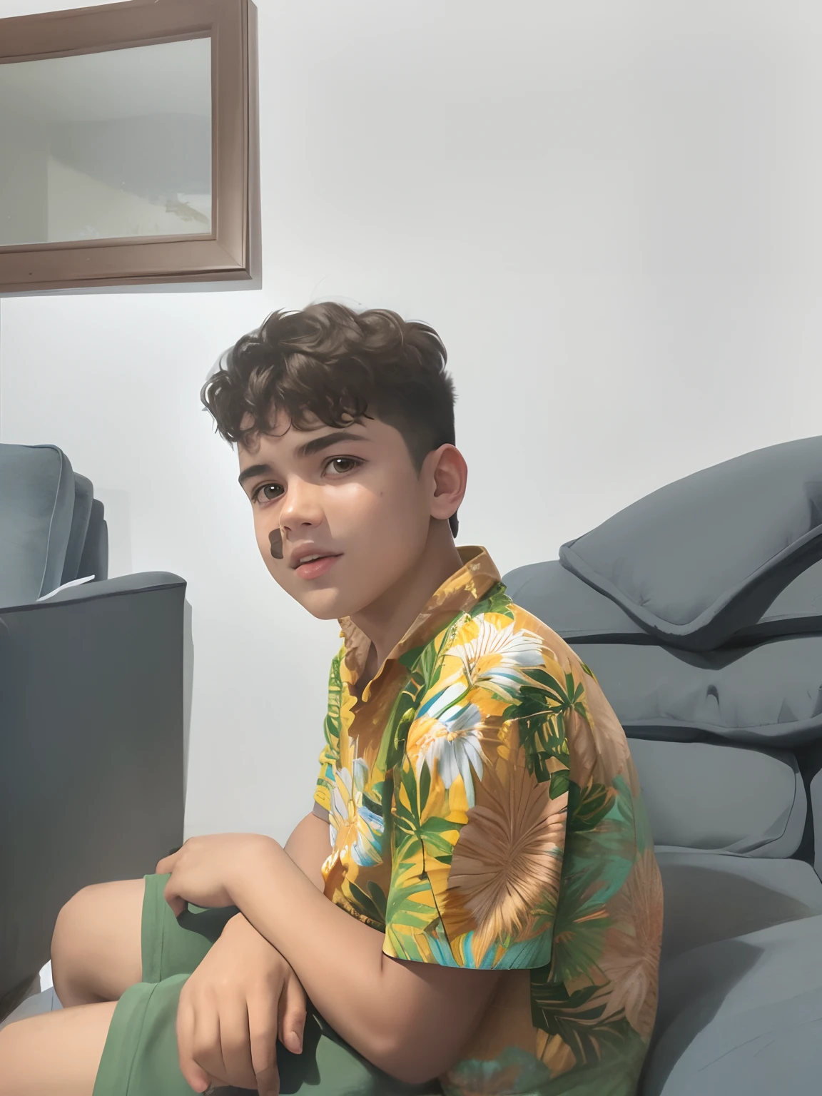 there is a young boy sitting on a couch with a remote control, mateus 9 5, inspirado em Abidin Dino, caio santos, Directed by: Nandor Soldier, Riyahd Cassiem, inspirado em Nathan Oliveira, Alex, icaro carvalho, sitting on couch, sitting on the couch, Diego 5, Jose Miguel Romano Francisca
