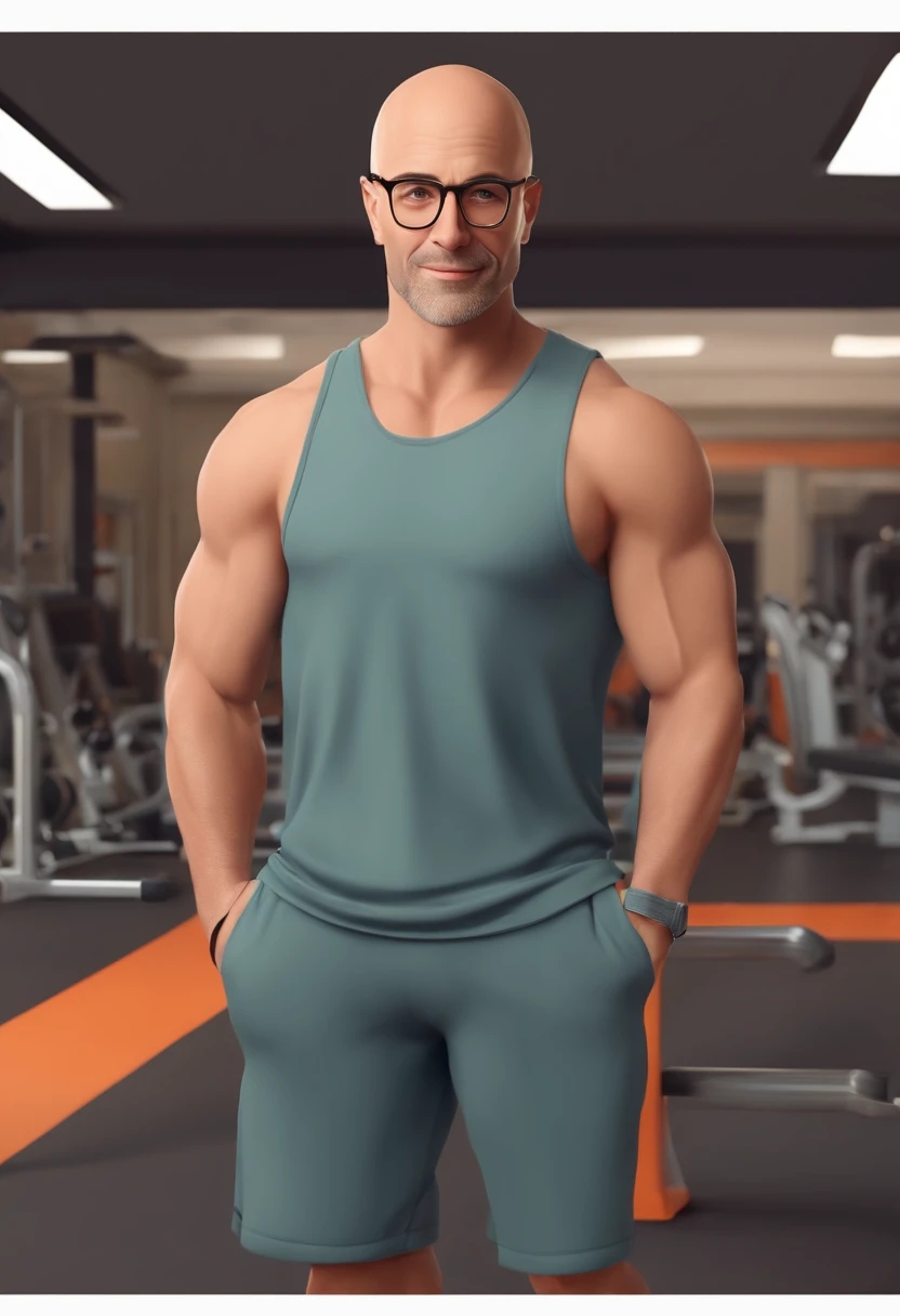 (bald man, hairless, with short beard, wearing glasses, athletic body, in a tank top and sweatpants at the gym, Disney Pixar style) (best quality, ultra-detailed, realistic), gym equipment, vibrant colors, studio lighting, meticulous facial features, dynamic pose, modern gym setting, digital illustration, crisp lines, vibrant and energetic atmosphere