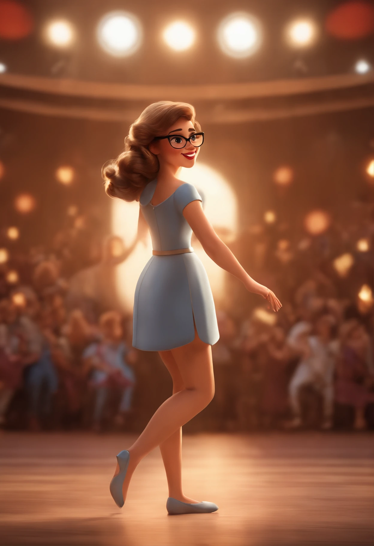 "(best quality,ultra-detalhado,Realistic:1.37),3D rendering,illustration,design de personagens,cabelos curtos e cacheados escuros,belos olhos detalhados,wearing white glasses,Estilo Pixar,morena mulher,Dancing on the Disney stage,atmosfera animada,vivid colors,luzes de palco,expression joyful"
