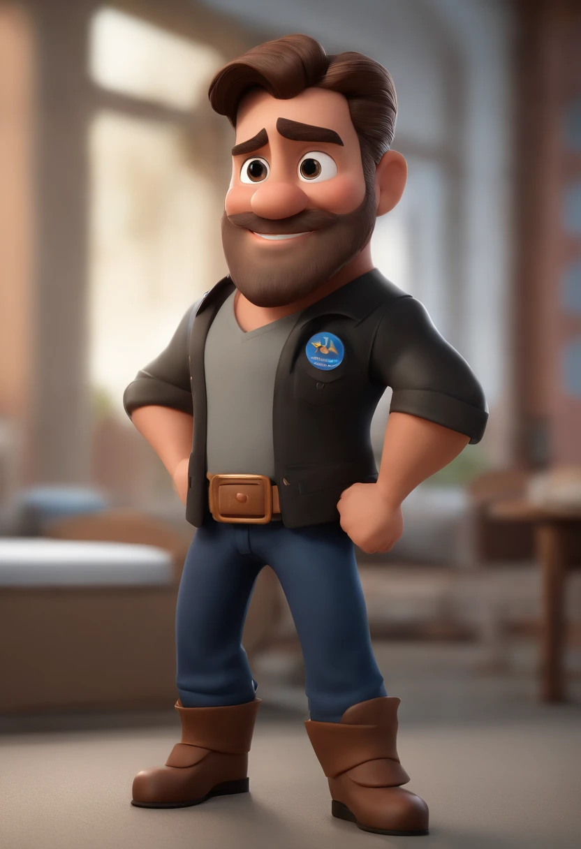 personagem de desenho animado de um homem com barba castanha e cabelo curto com topete, a black shirt wearing a badge written Kcomk productions animated character, Caractere estilizado, animation style rendering, 3D estilizado, Arnold Maya render, 3 d render stylized, toon render keyshot, Personagem 3D, Personagem 3D, 3d rendering stylized, 3 d character render, personagem de desenho animado, Personagem de close up, Pose de personagem, (Estilo Pixar) (master part:1.2) (Bokeh) (best quality) (pele detalhada) (textura detalhada) (8k) (argila) (Cinematic lighting) (foco nítido