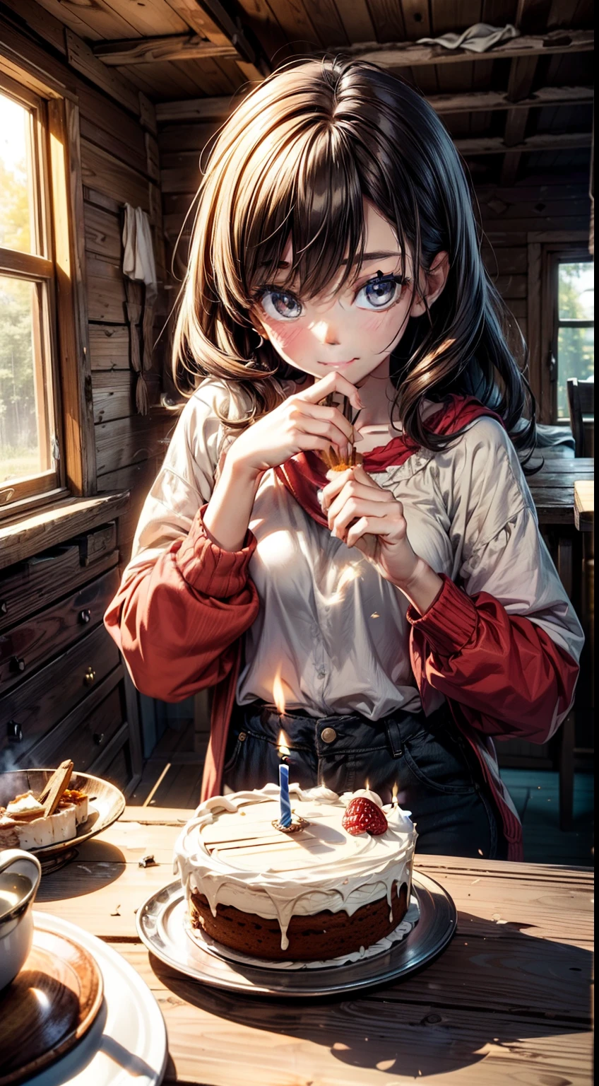 (best quality,superdetailing,masterpiece:1.2), dilapidated wooden cabin, simple furniture, poverty is pervasive, a girl holding a simple cream cake with lit candles in the middle, simple birthday cake, the girl's clothes are worn out, messy hair, bright eyes, a happy smile on her face