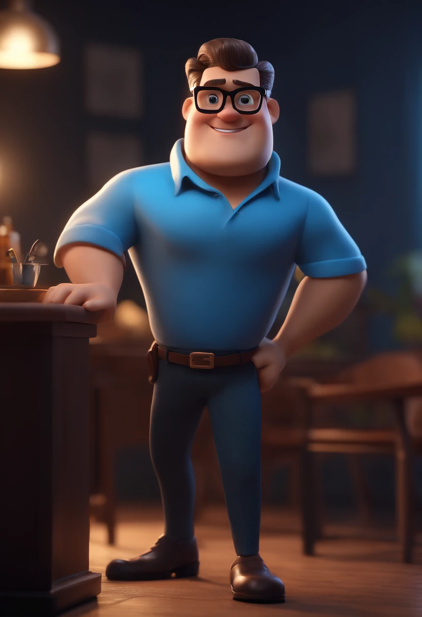 Cartoon character of a man with black glasses and a blue shirt, animation character, Caractere estilizado, animation style rendering, 3D estilizado, Arnold Maya render, 3 d render stylized, toon render keyshot, Personagem 3D, Personagem 3D, 3d rendering stylized, 3 d character render, personagem de desenho animado, Personagem de close up, Pose de personagem,  (Estilo Pixar) (master part:1.2) (Bokeh) (best quality) (pele detalhada) (textura detalhada) (8k) (argila) (Cinematic lighting) (foco nítido