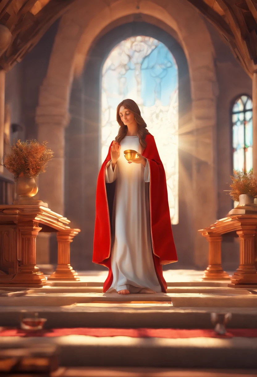 There's a girl in a red robe , adoring Jesus in the Eucharist, na igreja a luz de vela