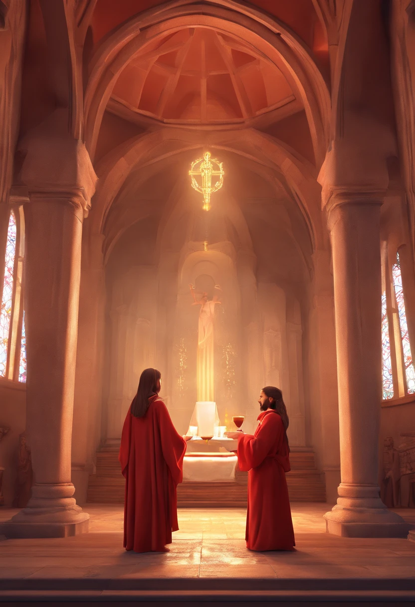 There's a girl in a red robe , adoring Jesus in the Eucharist, na igreja a luz de vela
