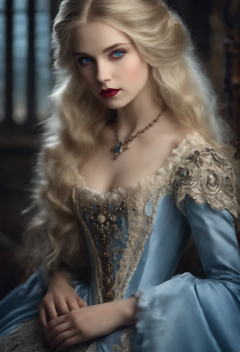 Vampire Princess, 16 years old, breathtakingly beautiful , blue eyes, whitish blonde hair,victorian dress, realistic