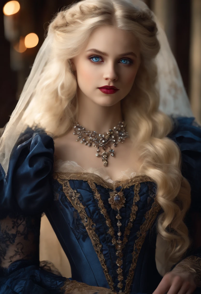 Vampire Princess, 16 years old, breathtakingly beautiful  , blue eyes, whitish blonde hair,victorian dress, realistic