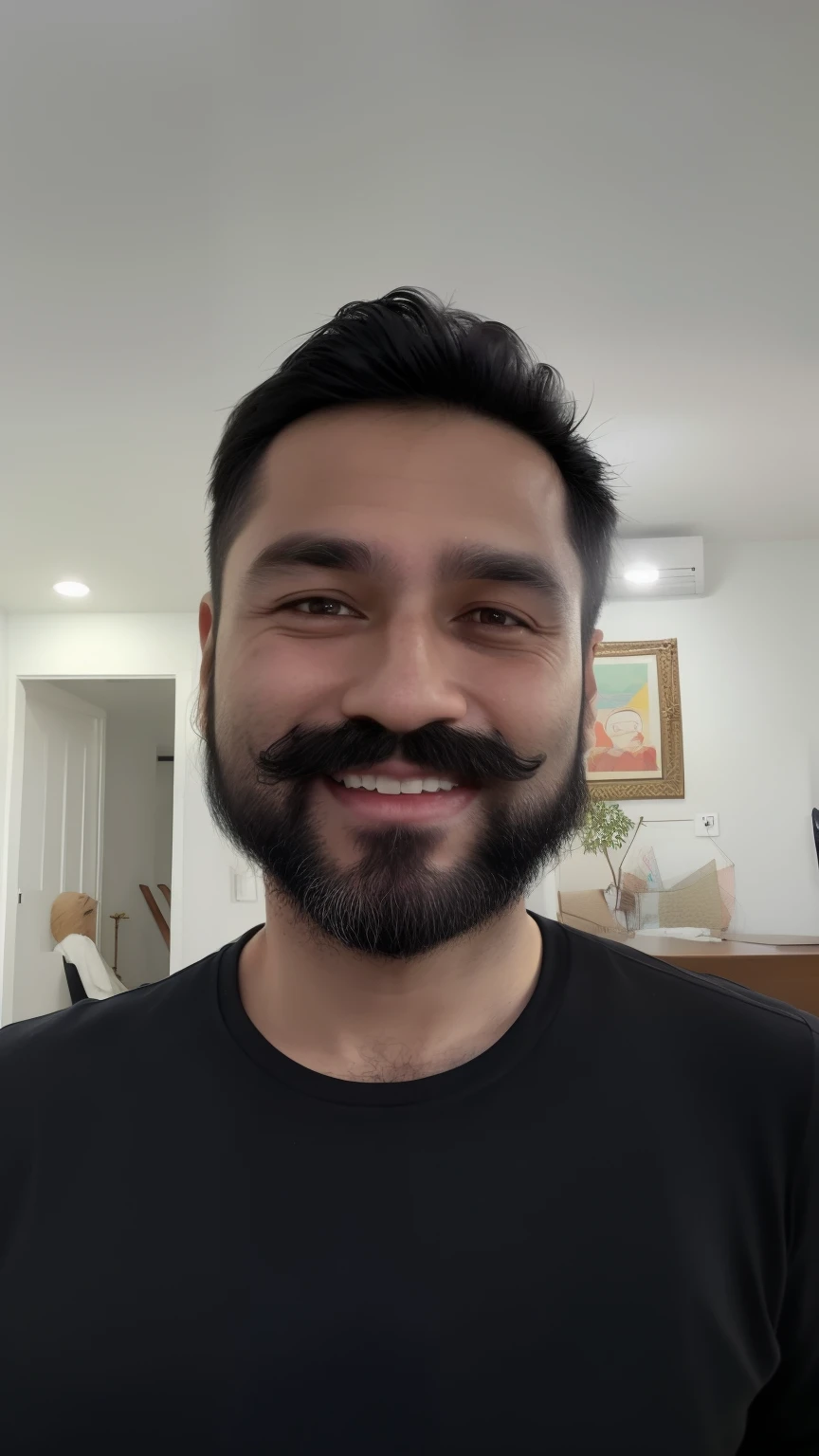 smiling man with beard and mustache wearing black shirt in living room, david rios ferreira, about 3 5 years old, (38 years old), 4 0 years old man, icaro carvalho, Henry Alvim Correa, 3 2 years old, 3 6 years old, 38 years old, 8k selfie photograph, carmelo blandino
