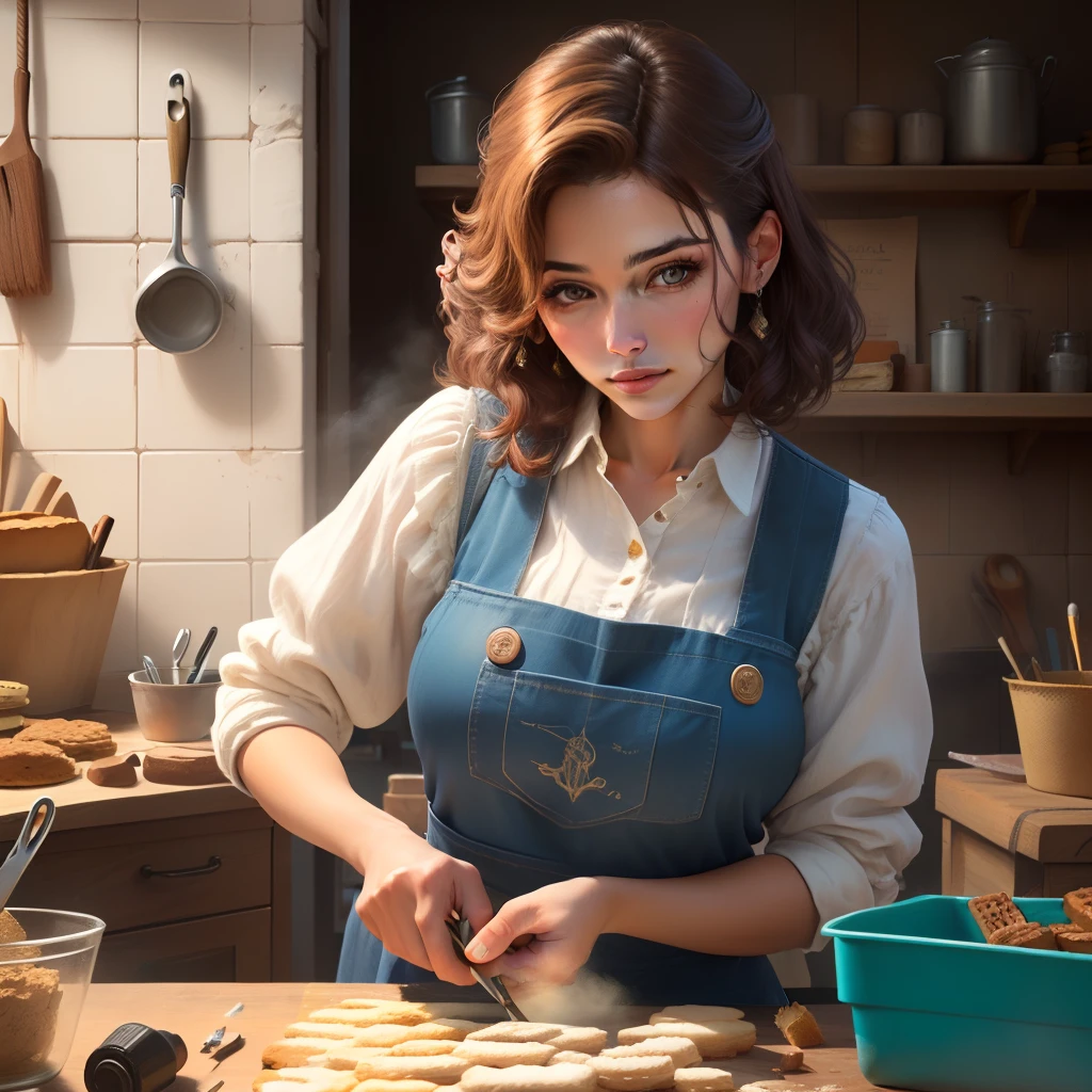 Mulher cabelos pretos e longo, Biscuit artisan in the middle of her workshop with her molds and biscuit hairs