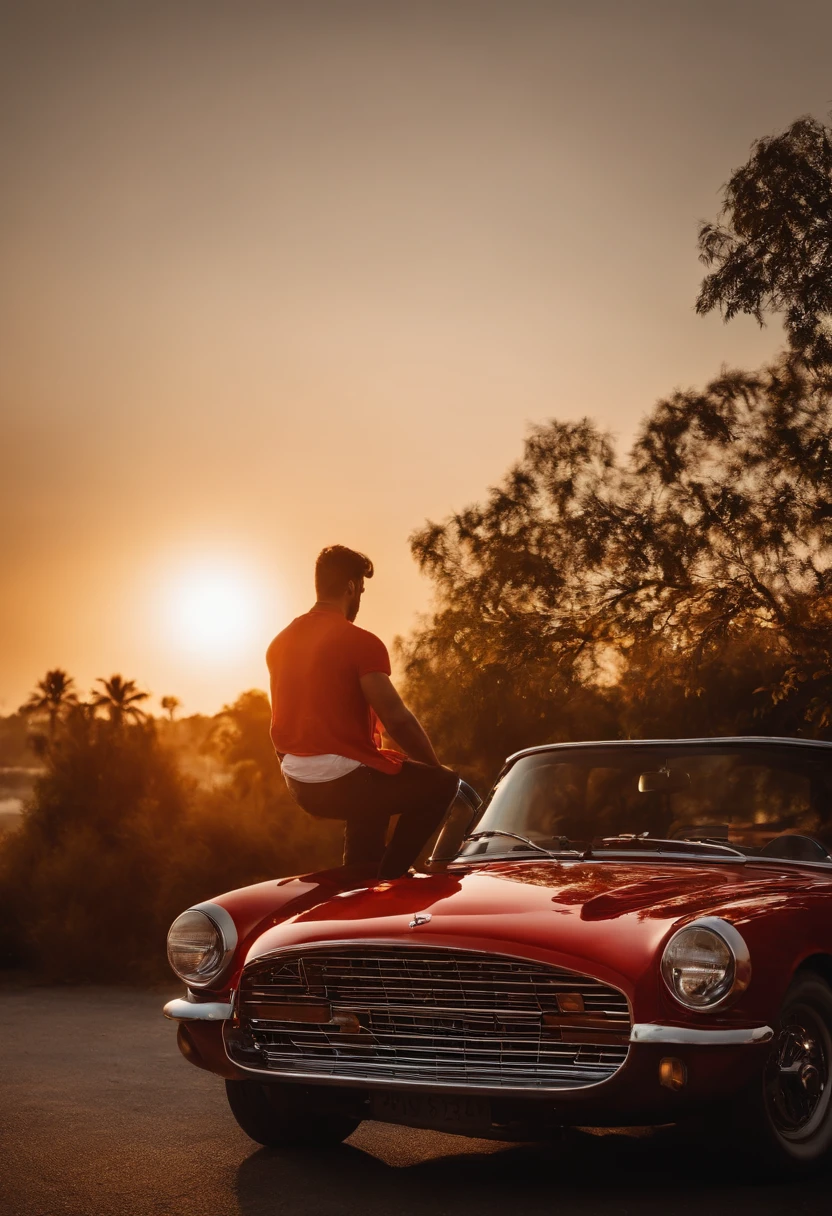 Man sitting on the hood of a red car, por do sol, carro, homem