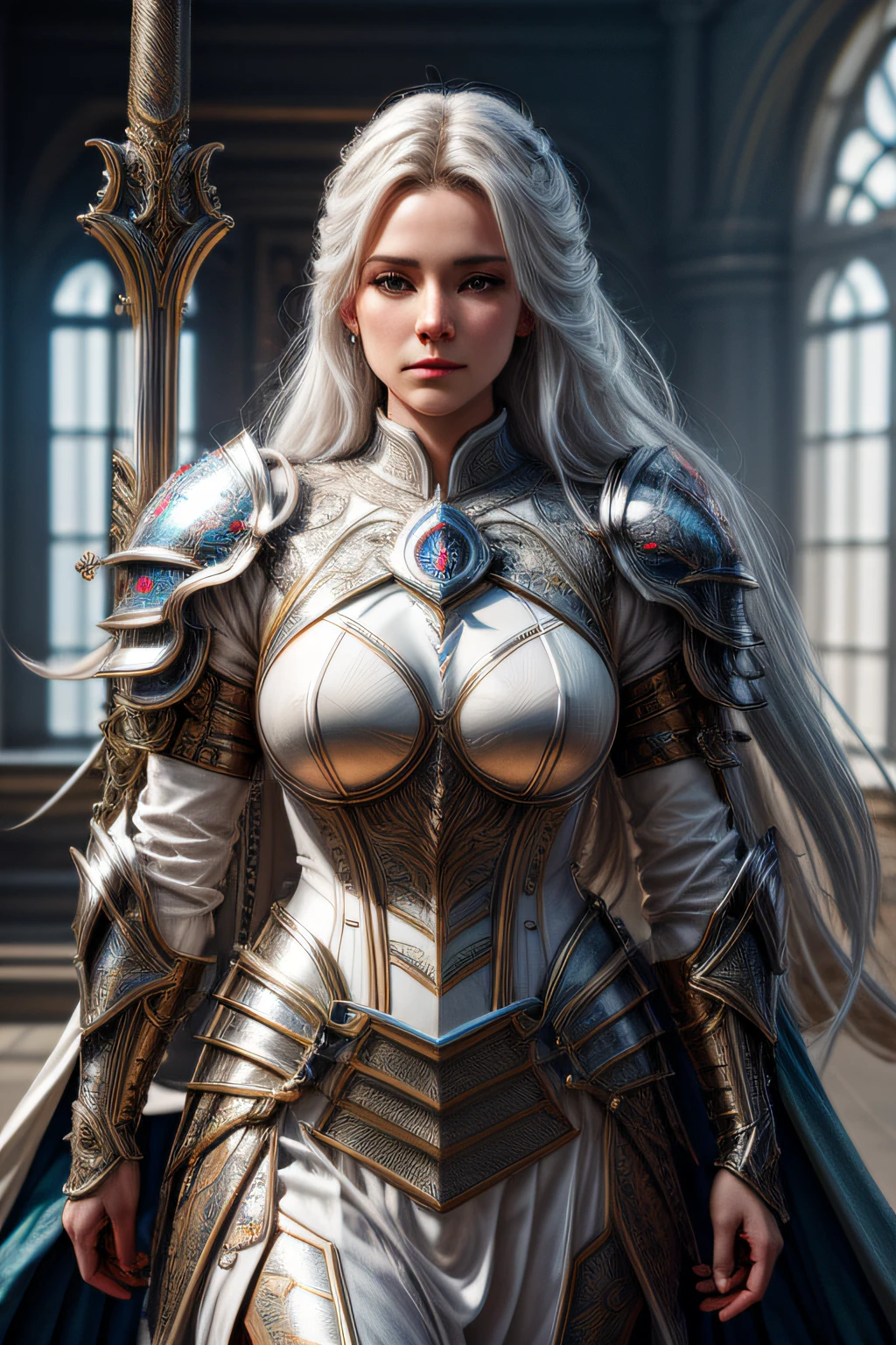 (fantasy movie poster: 1.5) named The White Knight,(movie poster: 1.5), RPG art, a beautiful  woman knight ridong a white horse, armed with a sword, wearing heavy armor LnF, Ultra-Wide Angle, high detail, award winning, best quality, HD, 16K, rendering, high details, best quality, highres, ultra wide angle, 3D rendering, [[anatomically correct]]