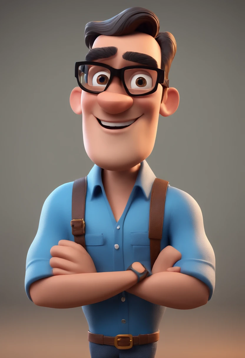 Cartoon character of a man with black glasses and a blue shirt, animation character, Caractere estilizado, animation style rendering, 3D estilizado, Arnold Maya render, 3 d render stylized, toon render keyshot, Personagem 3D, Personagem 3D, 3d rendering stylized, 3 d character render, personagem de desenho animado, Personagem de close up, Pose de personagem,  (Estilo Pixar) (master part:1.2) (Bokeh) (best quality) (pele detalhada) (textura detalhada) (8k) (argila) (Cinematic lighting) (foco nítido
