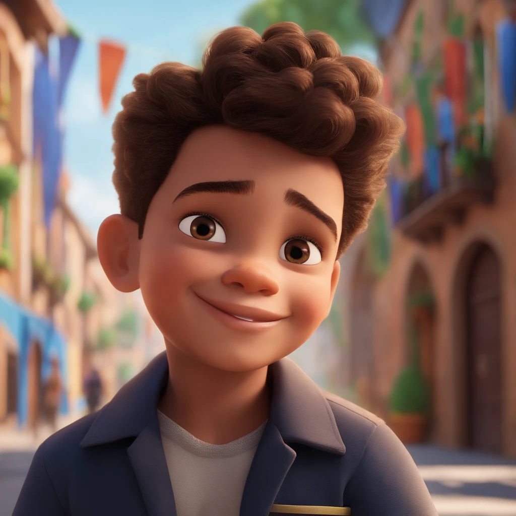 Um menino negro feliz com um penteado cacheado, em um fundo branco. The artwork is inspired by Pixar's style and has a vivid color palette. The boy's face is highly detailed, com recursos lindamente renderizados. Image quality is of the highest level, with 16k resolution. The scene is a 3D composition, resembling a character from an animated film like Avengers. The boy's cheerful expression and energetic posture reflect the childlike essence that dreams of being a police officer