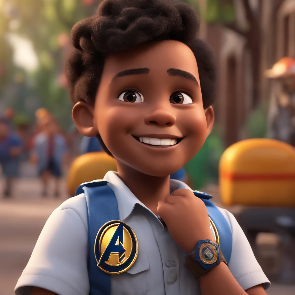 Um menino negro feliz com um penteado cacheado, em um fundo branco. The artwork is inspired by Pixar's style and has a vivid color palette. The boy's face is highly detailed, com recursos lindamente renderizados. Image quality is of the highest level, with 16k resolution. The scene is a 3D composition, resembling a character from an animated film like Avengers. The boy's cheerful expression and energetic posture reflect the childlike essence that dreams of being a police officer