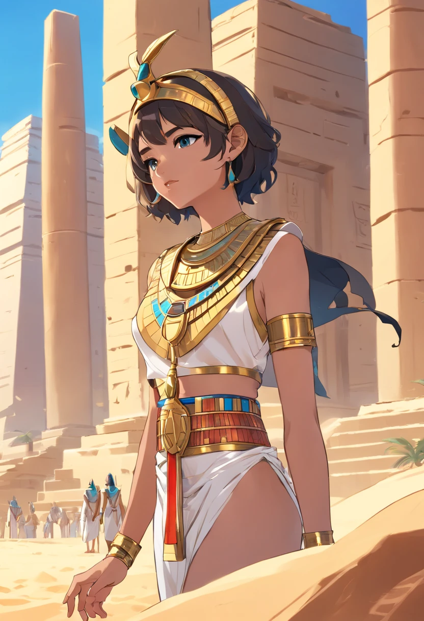 ((masterpiece,best quality)), <lora:CleopatraLora-10:.5>,  dark skin, Cleopatra, white dress, smile, tiara, desert, pyramid \(structure\),