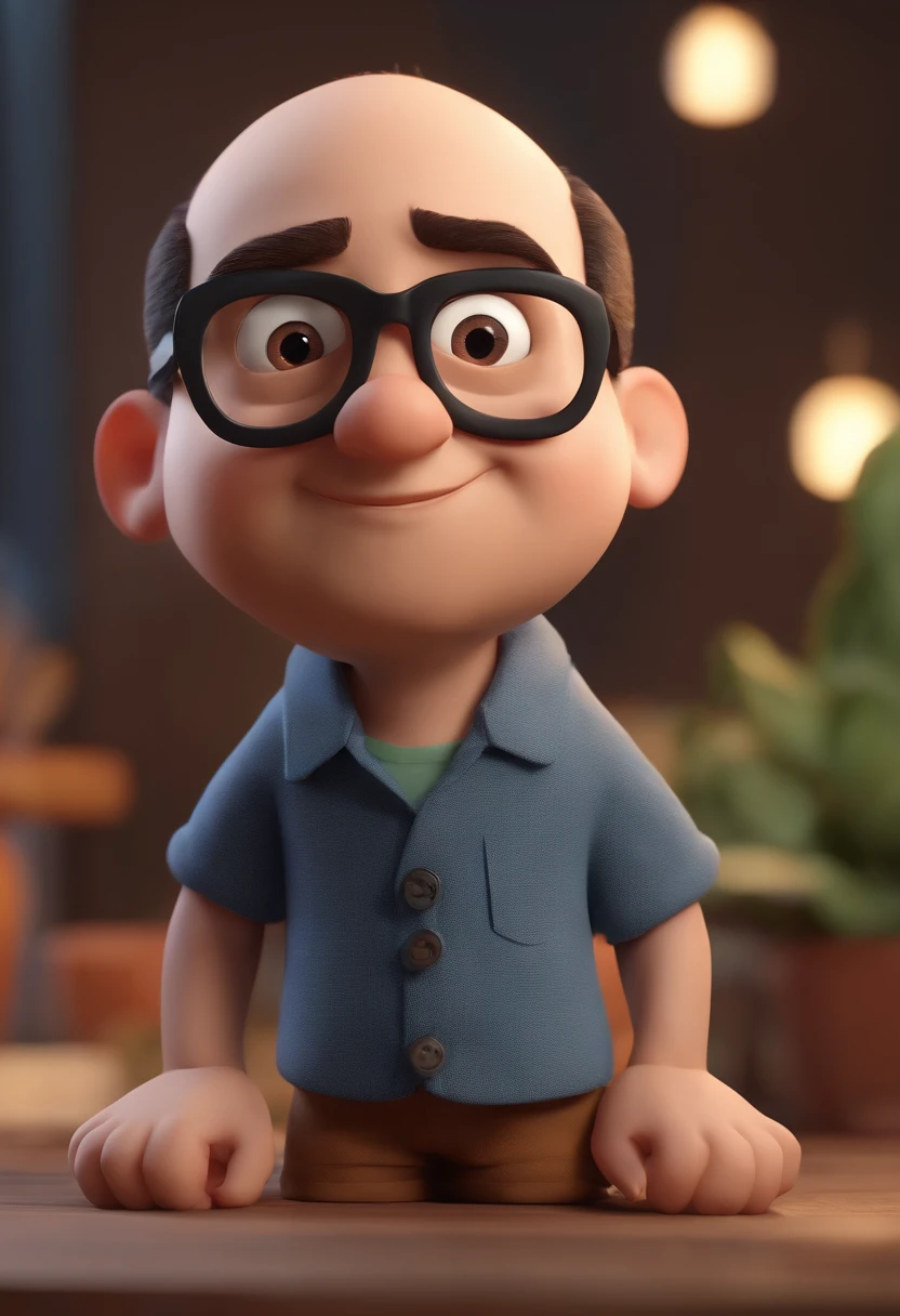 Cartoon character of a man wearing black glasses and a blue shirt, um personagem animado, Caractere estilizado, animation style rendering, 3D estilizado, Arnold Maya render, 3 d render stylized, toon render keyshot, Personagem 3D, Personagem 3D, 3d rendering stylized, 3 d character render, personagem de desenho animado, Personagem de close up, Pose de personagem, (Estilo Pixar) (master part:1.2) (Bokeh) (best quality) (pele detalhada) (textura detalhada) (8k) (argila) (Cinematic lighting) (foco nítido，Senta e vaza a parte superior do corpo