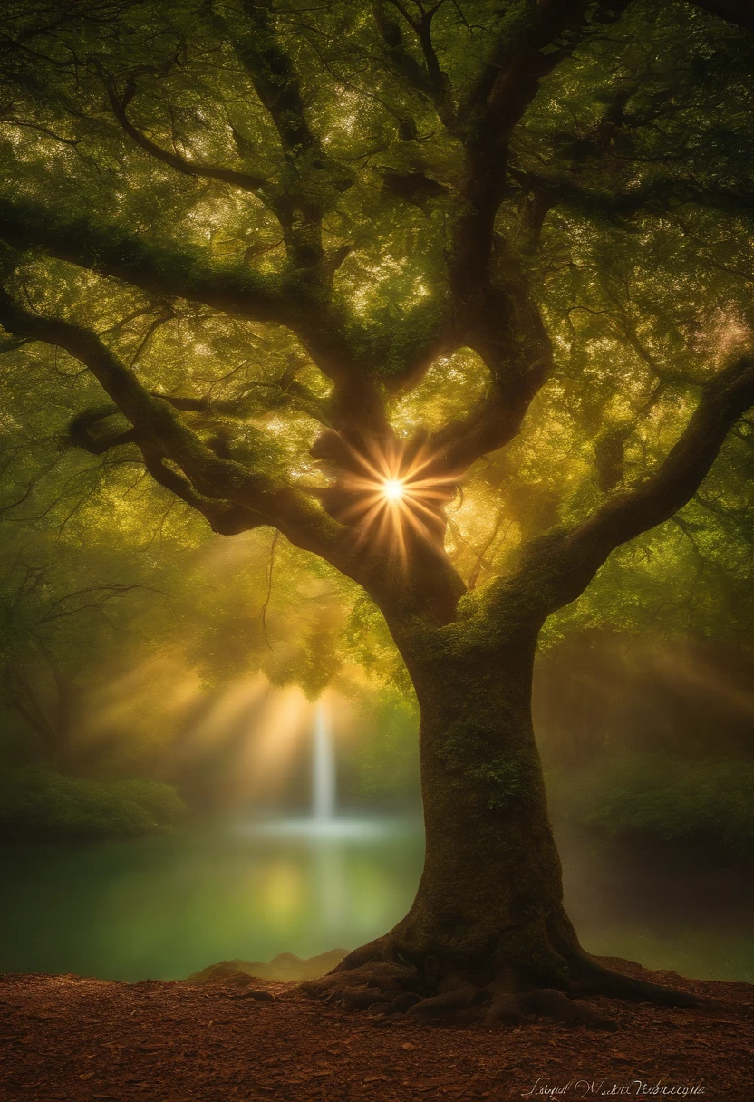 Crie uma cena encantadora onde a natureza e a fantasia se encontram, In this magical setting, An Extraordinary Tree Comes to Life, She's a tree with wings, Like you're a keeper of the secrets of the forest, Photomanipulation style that combines elements of nature with a playful and wonderful feel. em especial asas espetaculares que se estendem a partir de seus galhos superiores. The wings should feel light and ethereal, As if the tree was about to take flight. Use vivid and saturated colors to bring the scene to life. The leaves of the tree can be bright green with touches of magical colors, como azul e dourado, espalhados pelas folhas e asas. The background should be a representation of a magical sky, with soft colors that convey a sense of dreaminess and charm. There may be fluttering clouds and twinkling stars in the sky, uma atmosfera que transmita o encanto da imagem. Add sparkles and light effects that add to the sense of magic and wonder, cores muito brilhantes, light particles, com luz brilhante, Mshiff, Arte do papel de parede, papel de parede uhd