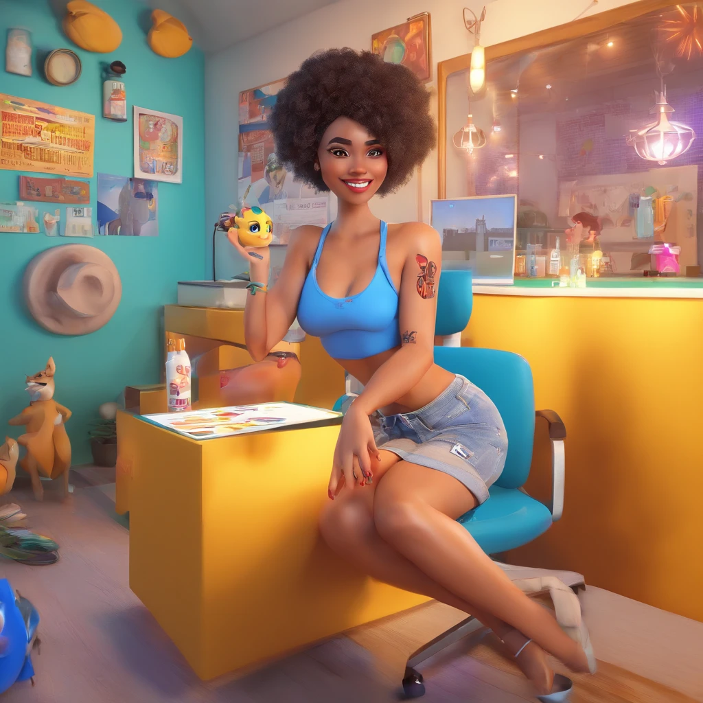 create a 3D movie poster inspired by Disney Pixar, The scene should be in Pixar's signature digital art style, com uma imagem caricatural que lembra a cantora brasileira "Anita" in the prone position, Wearing a bikini while a tattoo artist is sitting tattooing with a giant ring on one hand, inside a tattoo parlor.