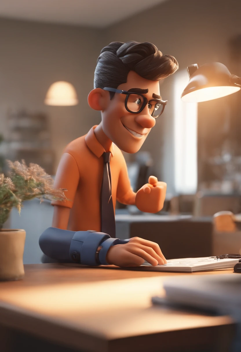 Personagem de desenho animado de um jovem homem, com uma camisa preta, sentado atras de um mesa, entrepreneur, on an office desk, um personagem animado, Caractere estilizado, animation style rendering, 3D estilizado, Arnold Maya render, 3 d render stylized, toon render keyshot, Personagem 3D, Personagem 3D, 3d rendering stylized, 3 d character render, personagem de desenho animado, Personagem de close up, Pose de personagem, (Estilo Pixar) (master part:1.2) (Bokeh) (best quality) (pele detalhada) (textura detalhada) (8k) (argila) (Cinematic lighting) (foco nítido，Senta e vaza a parte superior do corpo