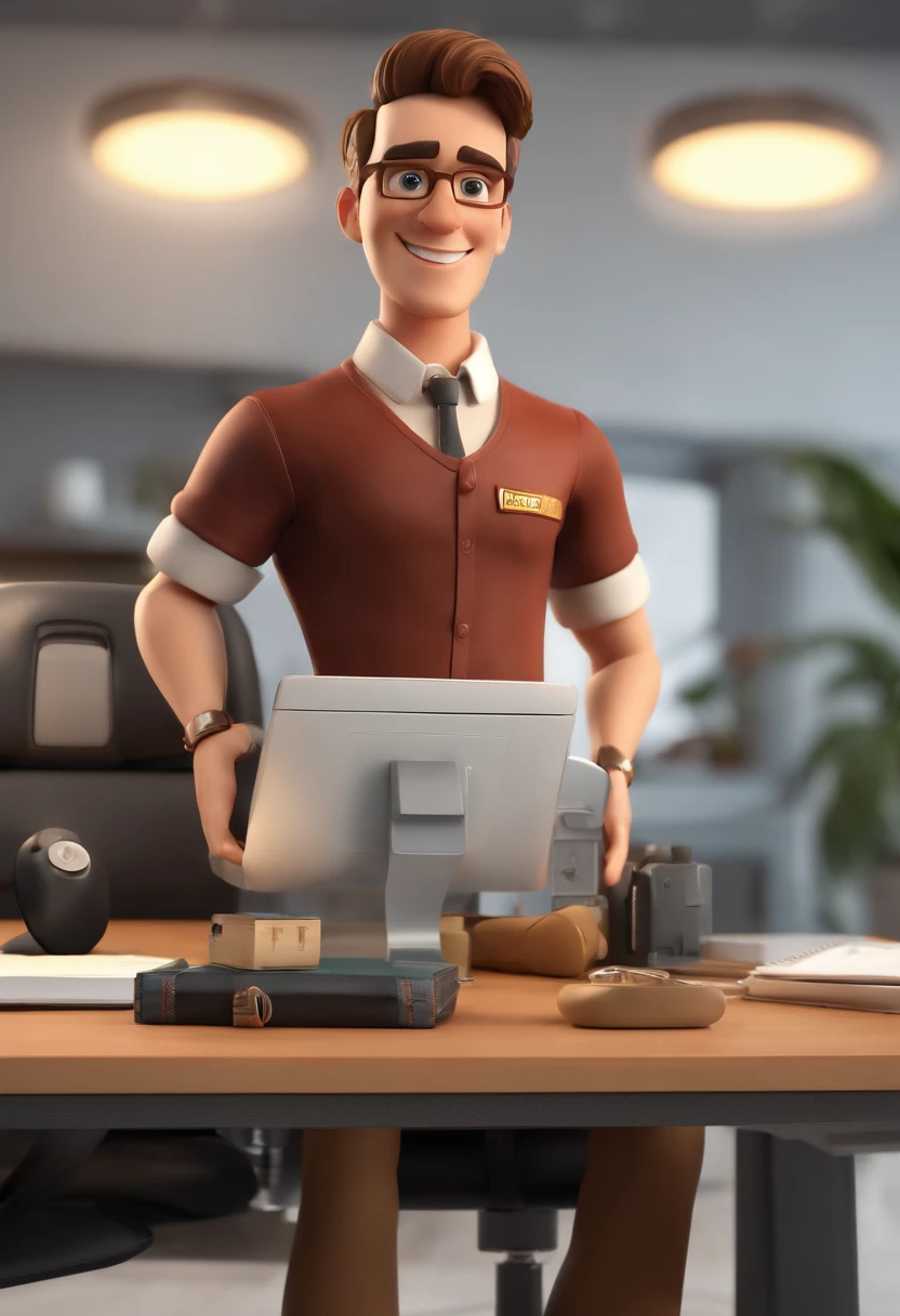 Personagem de desenho animado de um jovem homem, com uma camisa preta, sentado atras de um mesa, entrepreneur, on an office desk, um personagem animado, Caractere estilizado, animation style rendering, 3D estilizado, Arnold Maya render, 3 d render stylized, toon render keyshot, Personagem 3D, Personagem 3D, 3d rendering stylized, 3 d character render, personagem de desenho animado, Personagem de close up, Pose de personagem, (Estilo Pixar) (master part:1.2) (Bokeh) (best quality) (pele detalhada) (textura detalhada) (8k) (argila) (Cinematic lighting) (foco nítido,Senta e vaza a parte superior do corpo