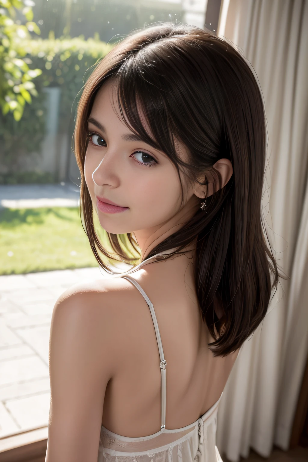 ((of the highest quality, 8k, Masutepiece: 1.3, Foto RAW)), foco nítido: 1.2, (1 Chica AESPA :1.1), solamente, (realista, fotorrealista: 1.37), (Enfoque facial: 1.1), cara linda, Cara hiperdetallada, (Cabello corto desordenado: 1.2), small smile, small breasts, pecho plano, lleno , corriente, from the rear, (Bragas de gasa: 1.2), muslo, Sala de oficina, Flor