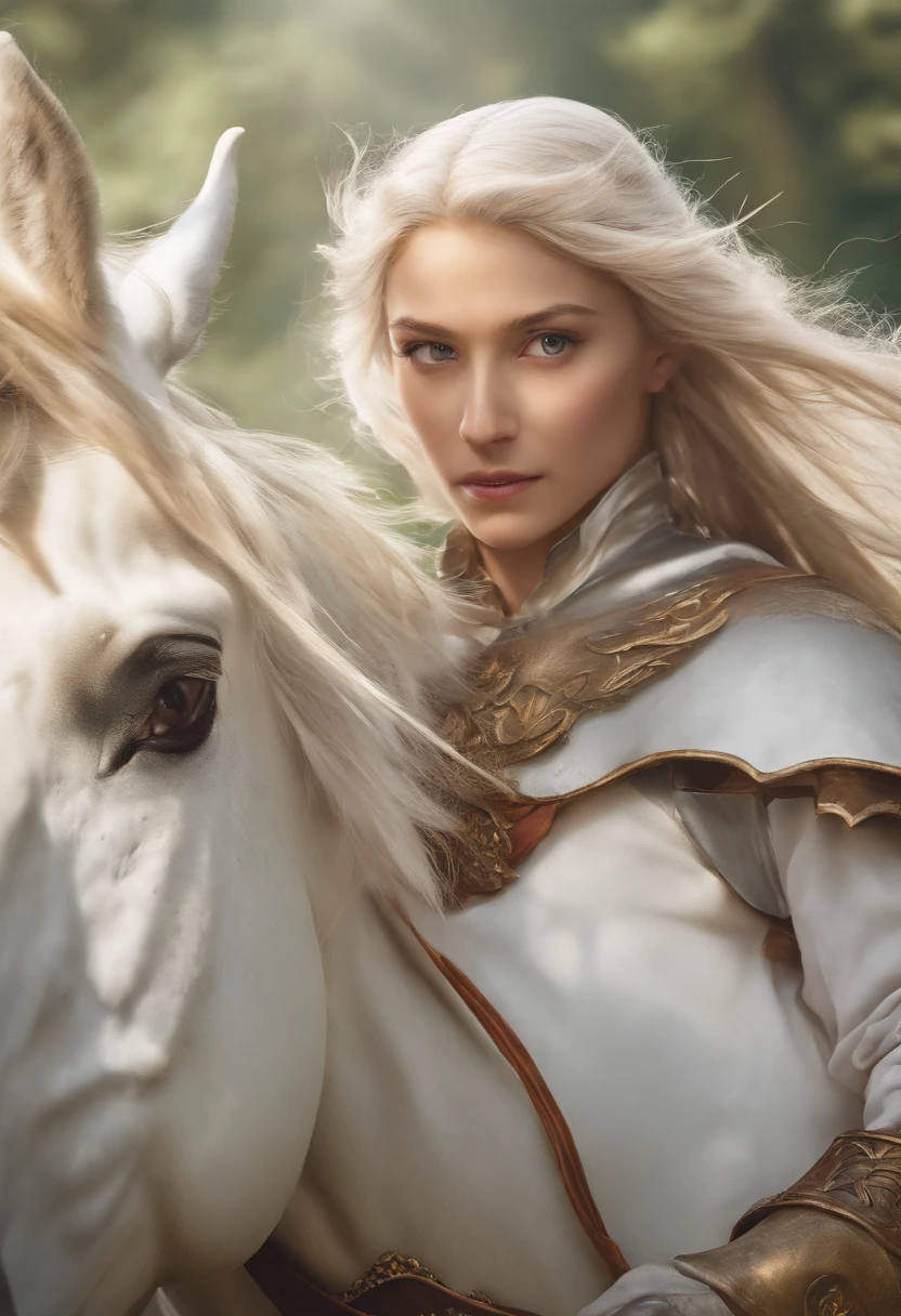 (fantasy movie poster: 1.5), Arafed, fantasy art, named The White Knight,(movie poster: 1.5), RPG art, a beautiful  woman knight ridong a white horse, armed with a sword, wearing heavy armor LnF, Ultra-Wide Angle, high detail, award winning, best quality, HD, 16K, rendering, high details, best quality, highres, ultra wide angle, 3D rendering, [[anatomically correct]]