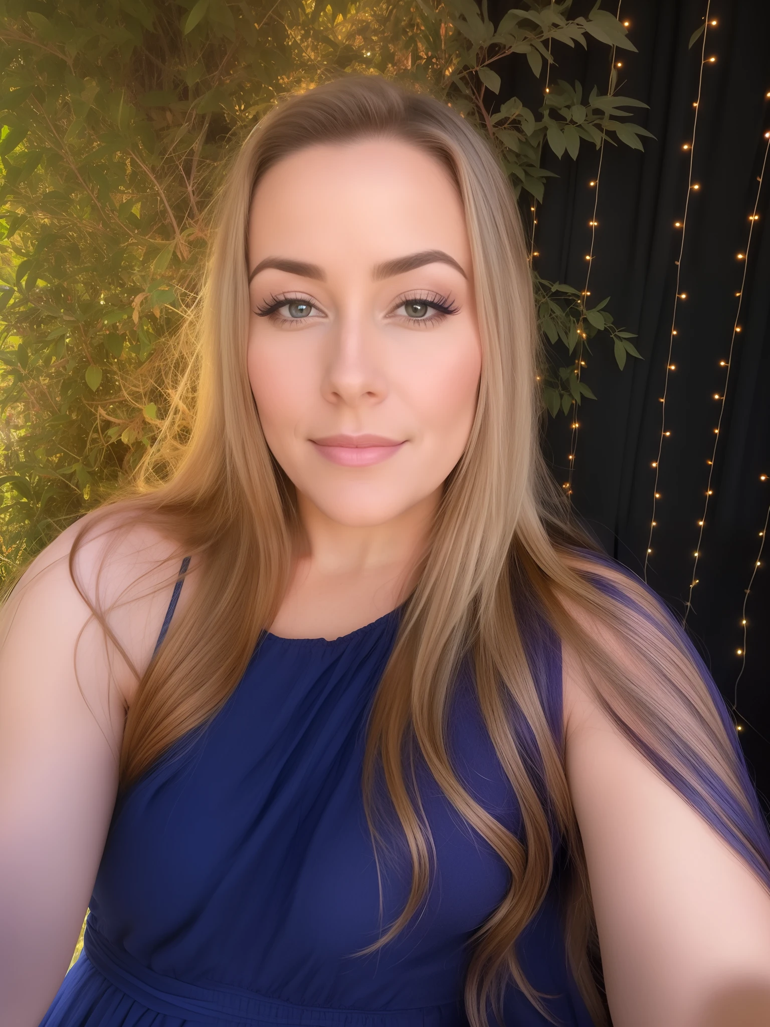 There's a woman with long hair wearing a blue dress, Kimberly Asstyn, taken in the early 2020s, Fotografia selfie 8k, looking to the side off camera, brilhante, Tiro de glamour, angelawhite, rosto sexy com maquiagem completa, full facial vision, Retrato tirado 8 K, 3 2 anos, foto de perfil headshot
