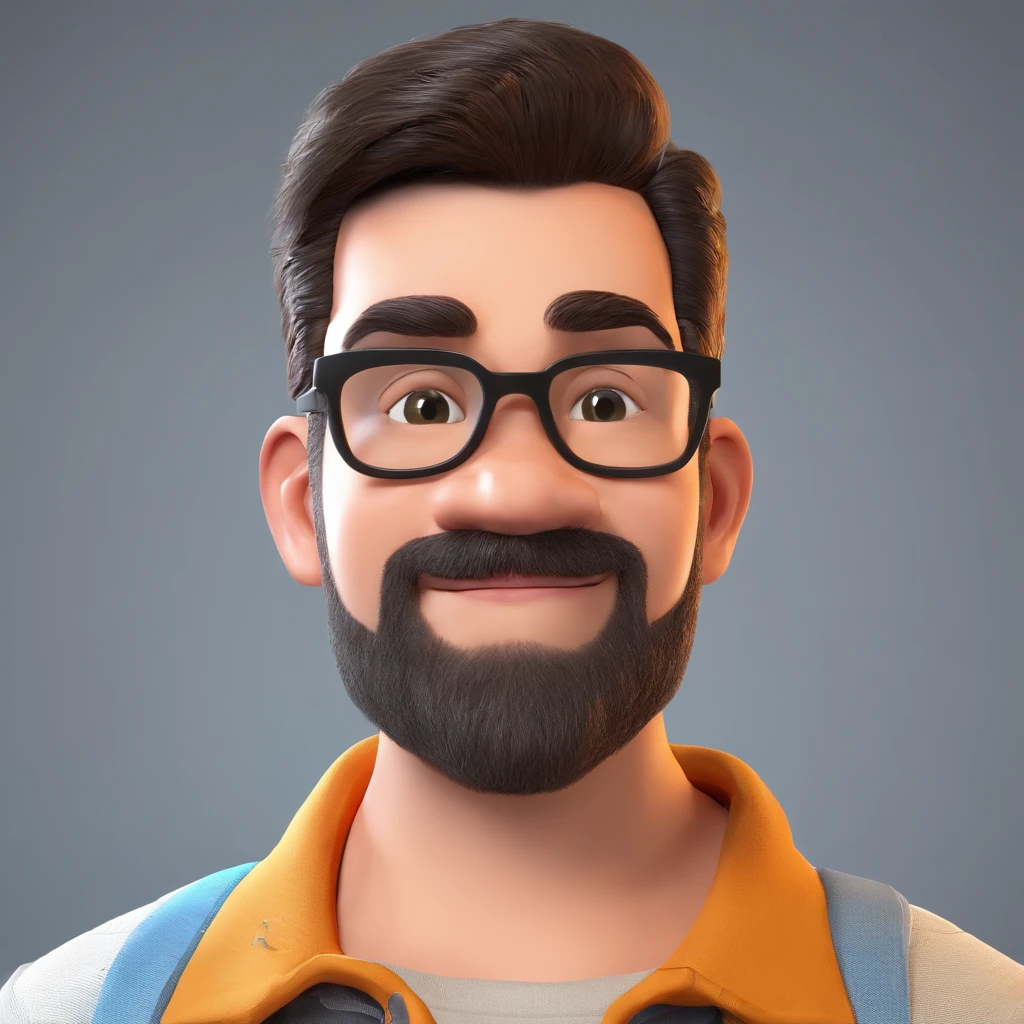 Criar um personagem no estilo Pixar. Trata-se de um homem de 30 anos, com barba, Branco, com cabelos castanhos curtos e um quiff, e olhos castanhos. Ele deve estar na frente de um computador, Trabalhar como designer