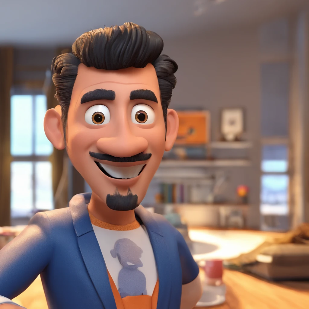 Criar um personagem no estilo Pixar. Trata-se de um homem de 30 anos, com barba, Branco, com cabelos castanhos curtos e um quiff, e olhos castanhos. Ele deve estar na frente de um computador, Trabalhar como designer