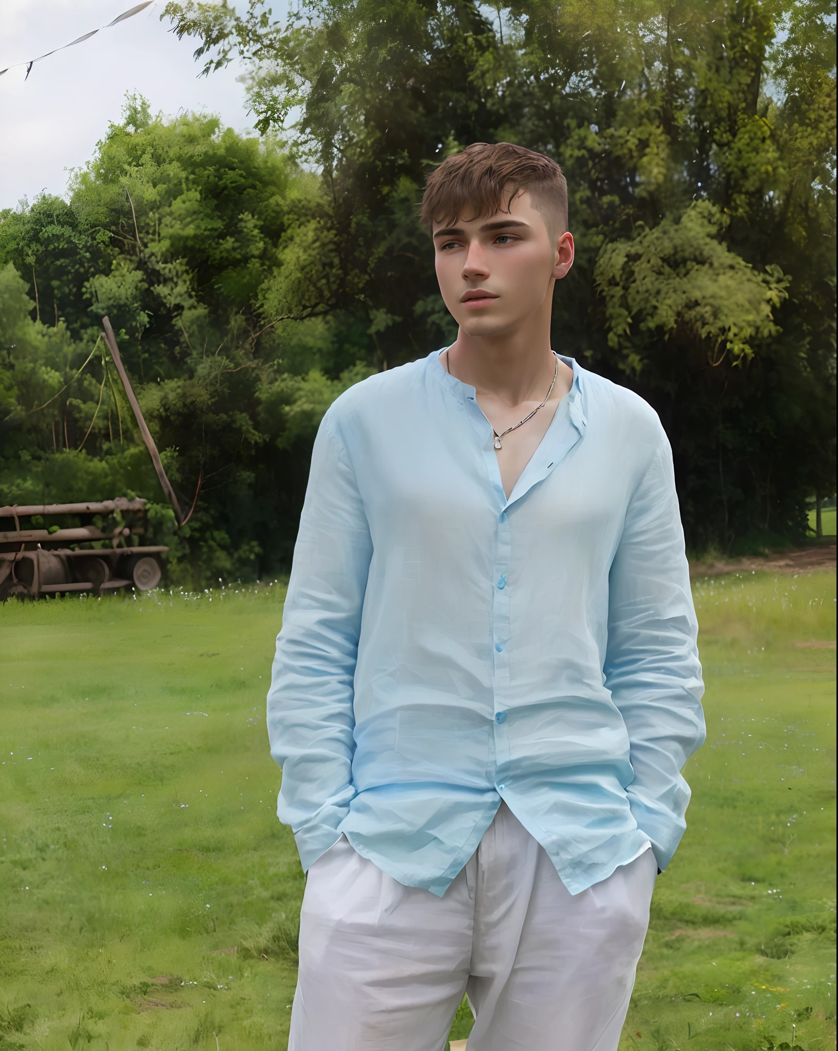 arafed man standing in a field with a frisbee in his hand, wearing a linen shirt, wearing a light blue shirt, wearing a light shirt, summer shirt, tommy 1 6 years old, dmitry prozorov style, blue shirt, kacper niepokolczycki, elliot alderson, midsommar style, inspired by Edmund Greacen
