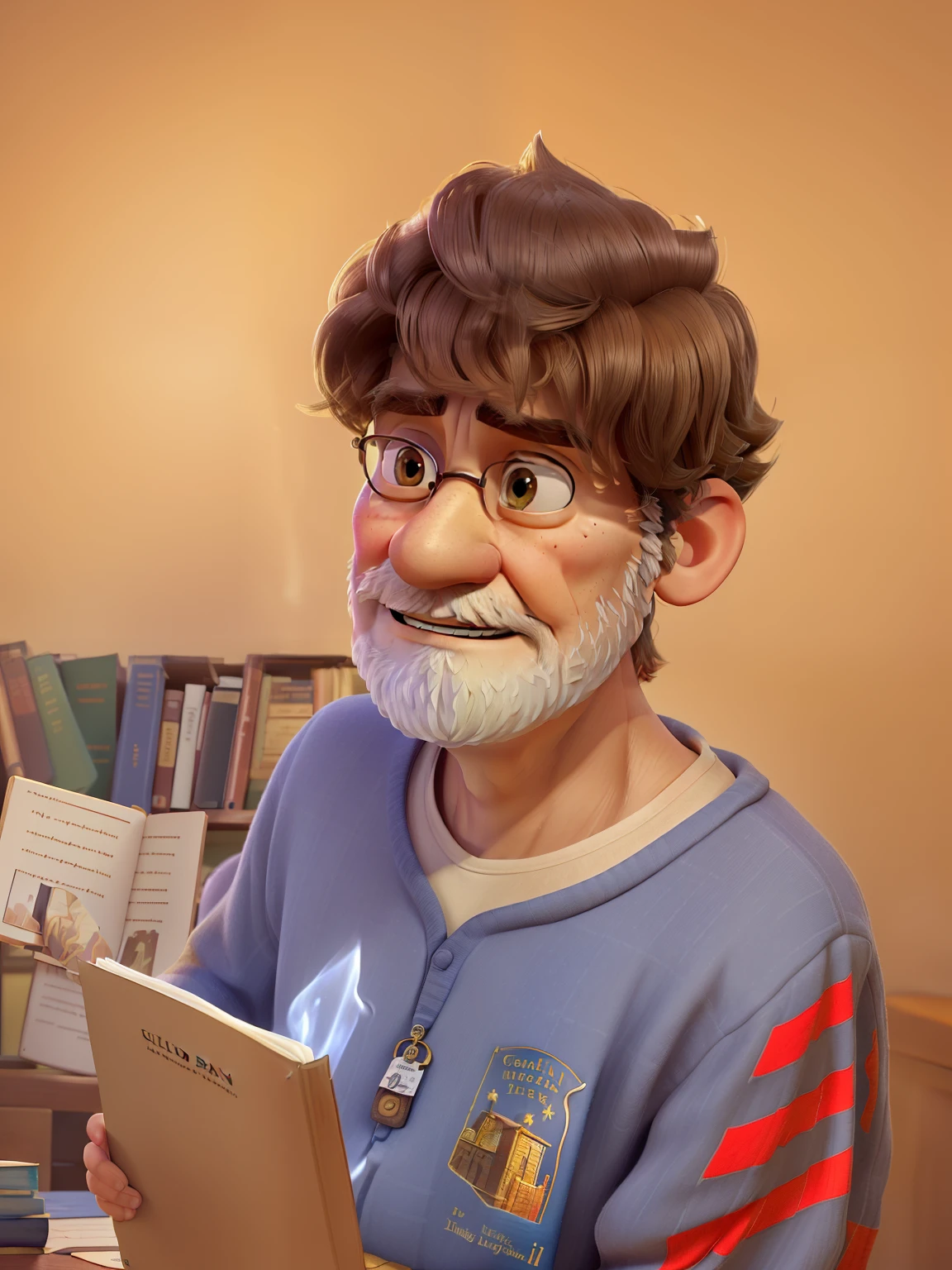 (a wise old man standing in front, illuminated by the light of a lamp, against the backdrop of a library),(best quality,4k,8k,highres,masterpiece:1.2),ultra-detailed,(realistic,photorealistic,photo-realistic:1.37),(oil painting,canvas,life-like),(detailed facial wrinkles and beard),(studious appearance),(bookshelves filled with antique books),(golden, warm color tone),(soft, diffused lighting),(books scattered on the table),(gentle expression),(stoic posture),(focused gaze),(dusty atmosphere),(aged features)